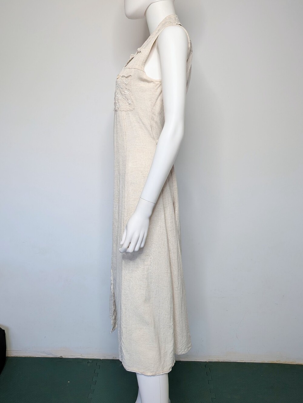 Vintage 90s Cream Color Linen Blend Button Front Sleeveless Collared Midi Dress - Picture 6 of 14